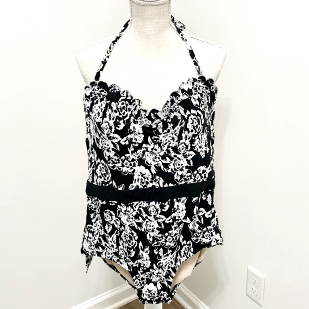 Floral Whimsigoth Black & White One Piece Swimsuit - PLUS 1X